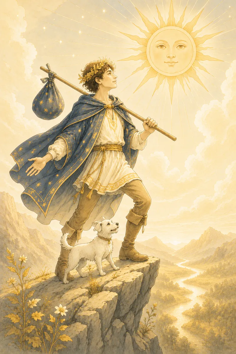 De Dwaas bij een lichte afgrond, met reisbundel, hond en stralende zon.