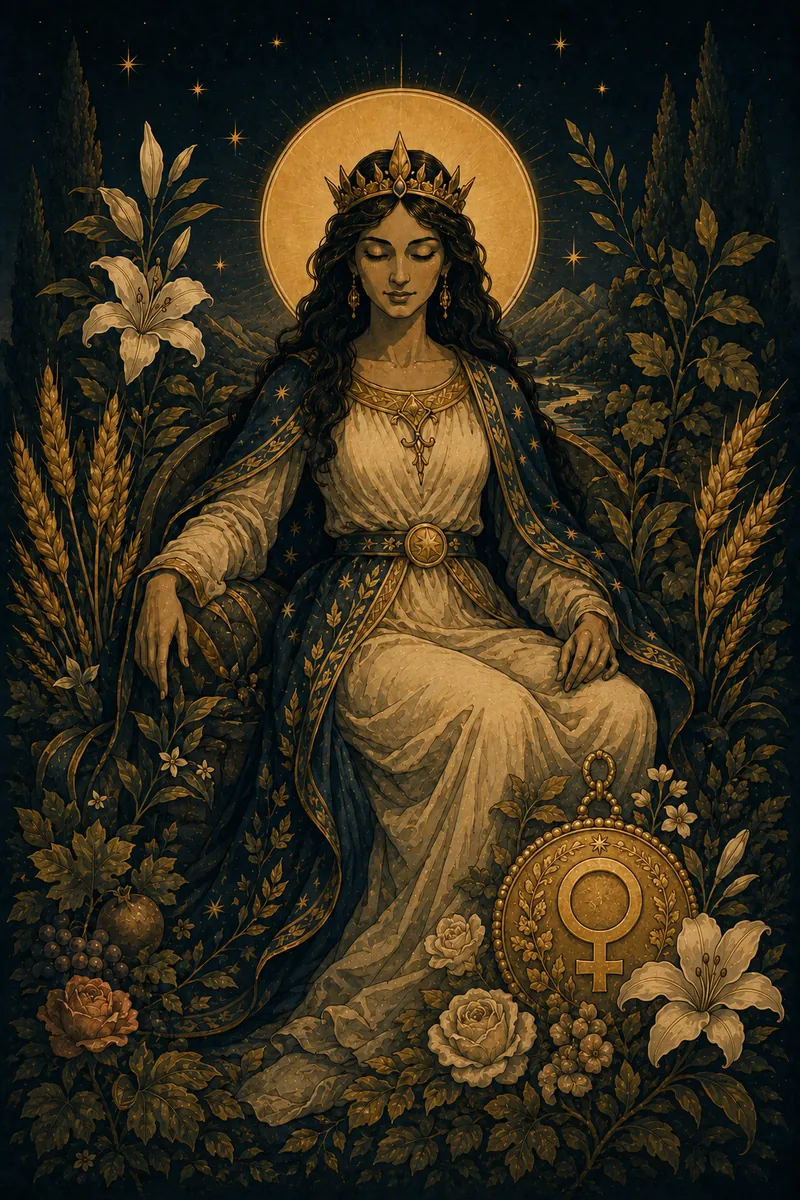 De Keizerin tussen bloemen en graan, met een gouden Venusmedaillon.