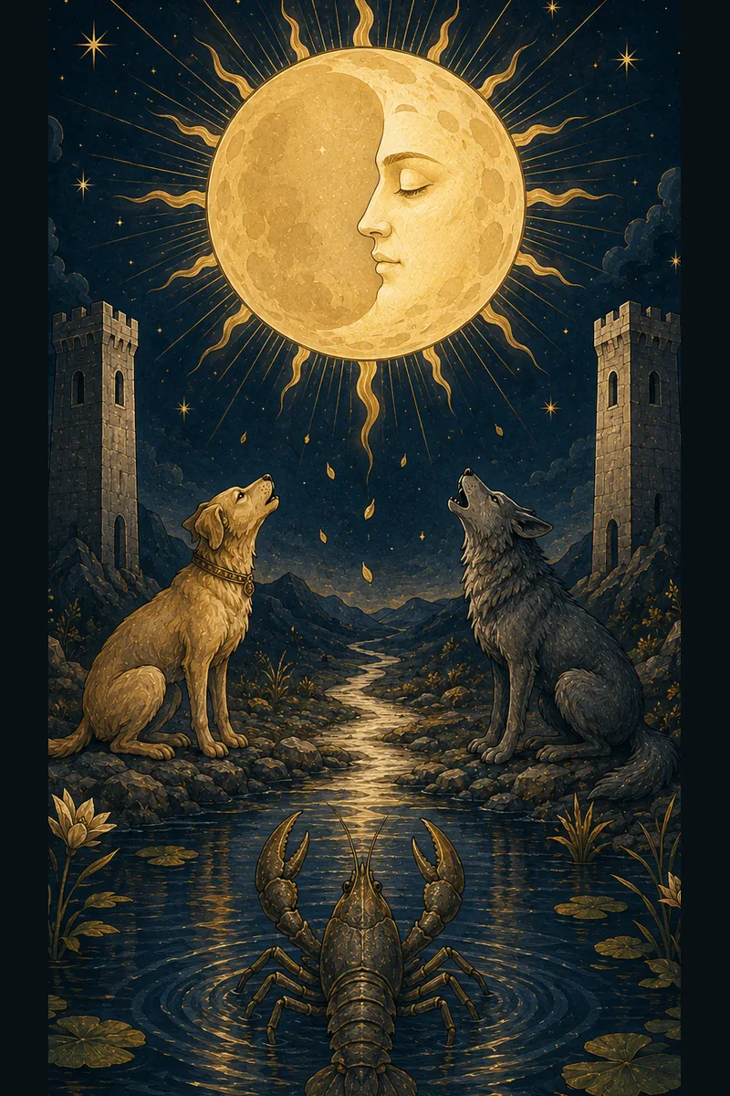 De Maan boven twee torens, een hond, een wolf en een kreeft in het water.