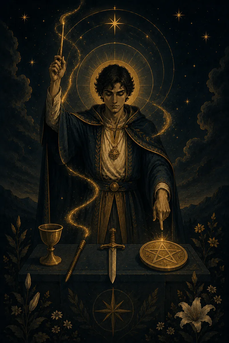 De Magiër tussen gouden hemelringen en de vier klassieke tarotsymbolen.
