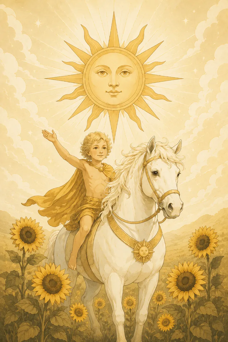 De Zon boven een kind op een wit paard tussen zonnebloemen.