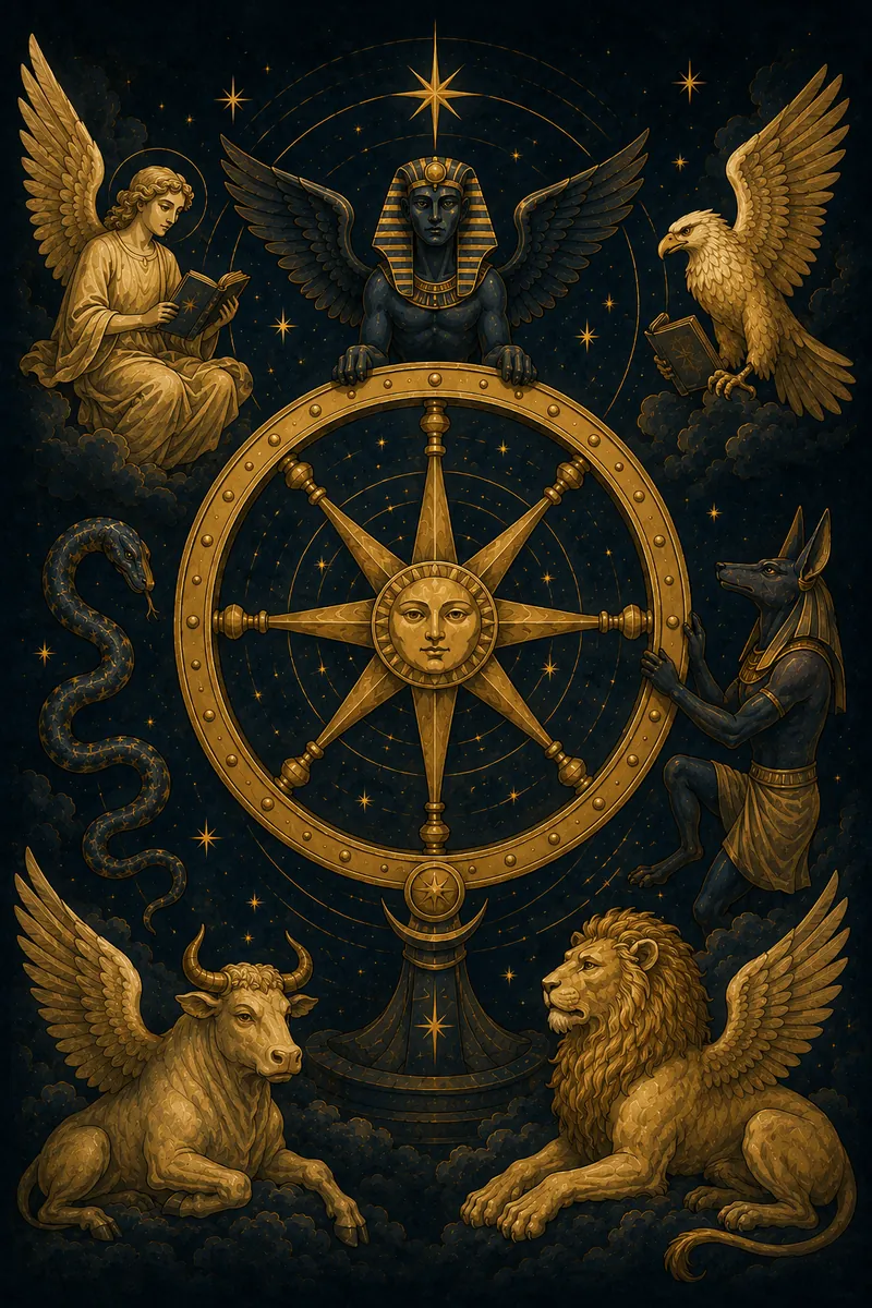 Het Rad van Fortuin met sfinx, slang, Anubis en vier gevleugelde hoekfiguren.
