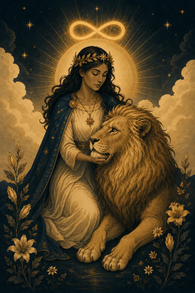 Een vrouw temt kalm een wakkere leeuw onder een gouden lemniscaat.