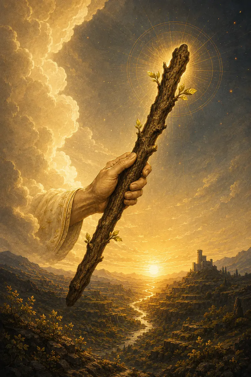 Een jonge groene staf in een gouden vuurlicht boven een open landschap.