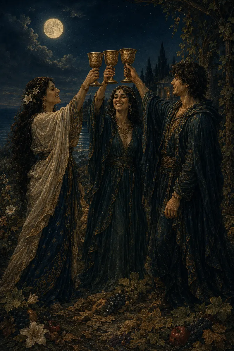 Drie figuren heffen hun bekers in een kring te midden van bloemen en rijpe vruchten.