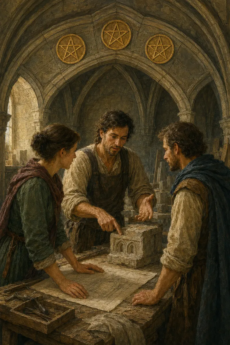 Een ambachtsman staat op een werkbank in een stenen gebouw en bespreekt zijn werk met twee anderen onder drie pentakels.