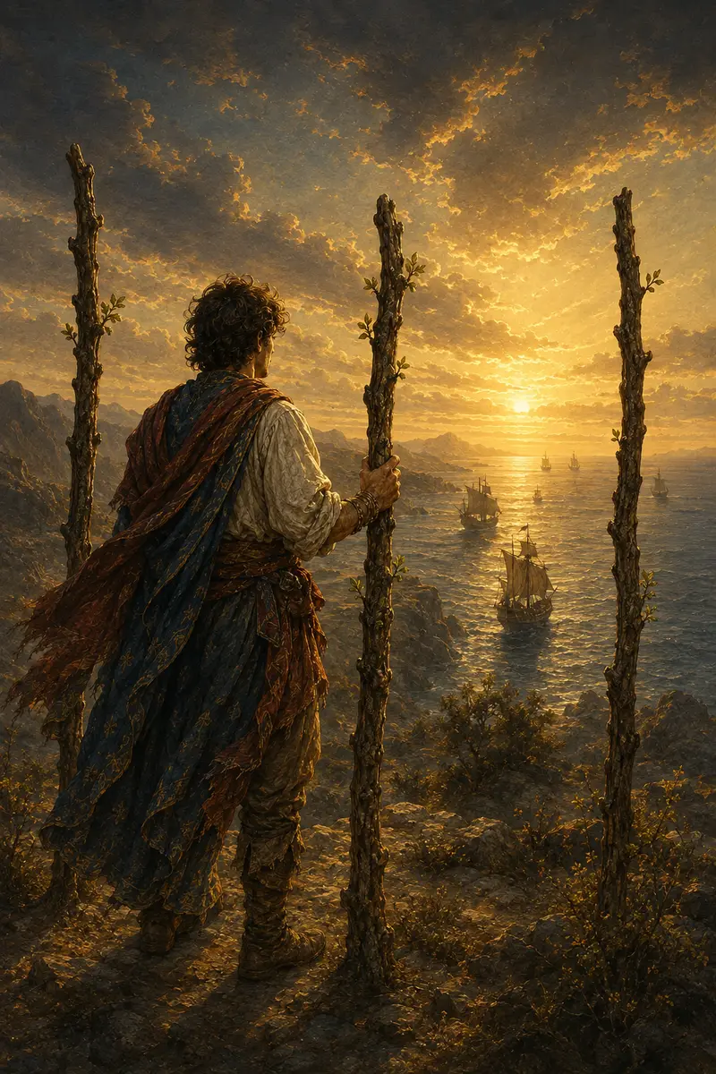 Een figuur staat tussen drie staven op een hoge oever en kijkt naar schepen op een gouden zee.