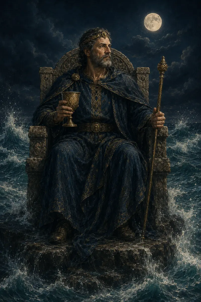 Een koning zit met beker en scepter op een stenen troon in een golvende zee, met een schip en springende vis op de achtergrond.