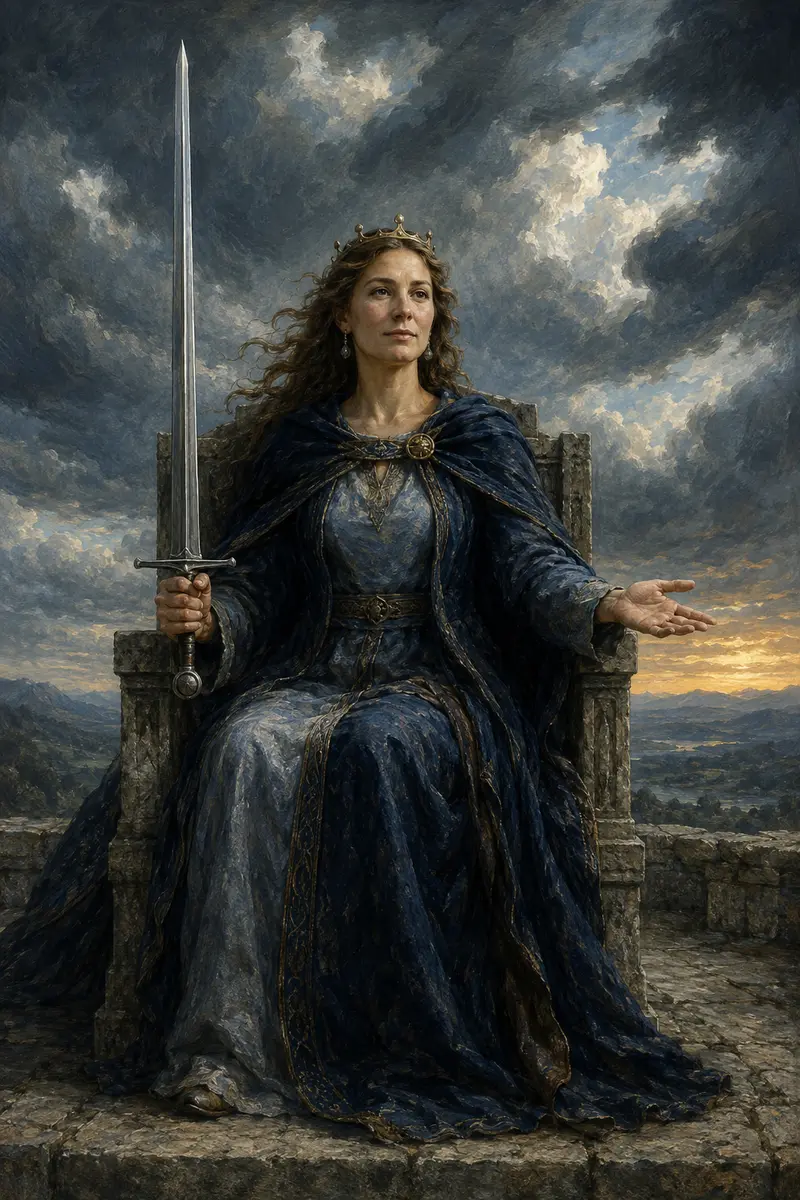 Een koningin zit op een stenen troon met haar zwaard rechtop en één open hand uitgestrekt onder een heldere wolkenlucht.