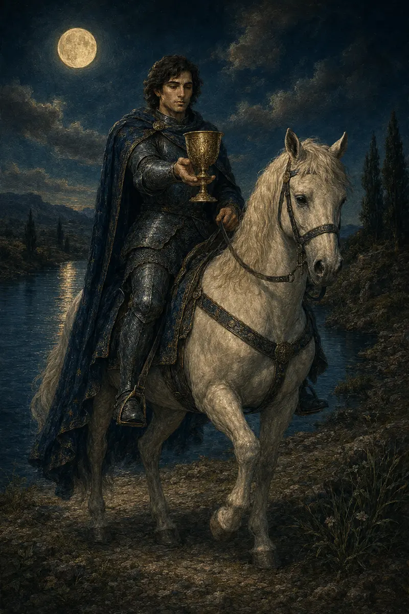 Een ridder op een rustig wit paard draagt een gouden beker door een rivierlandschap naar verre bergen.