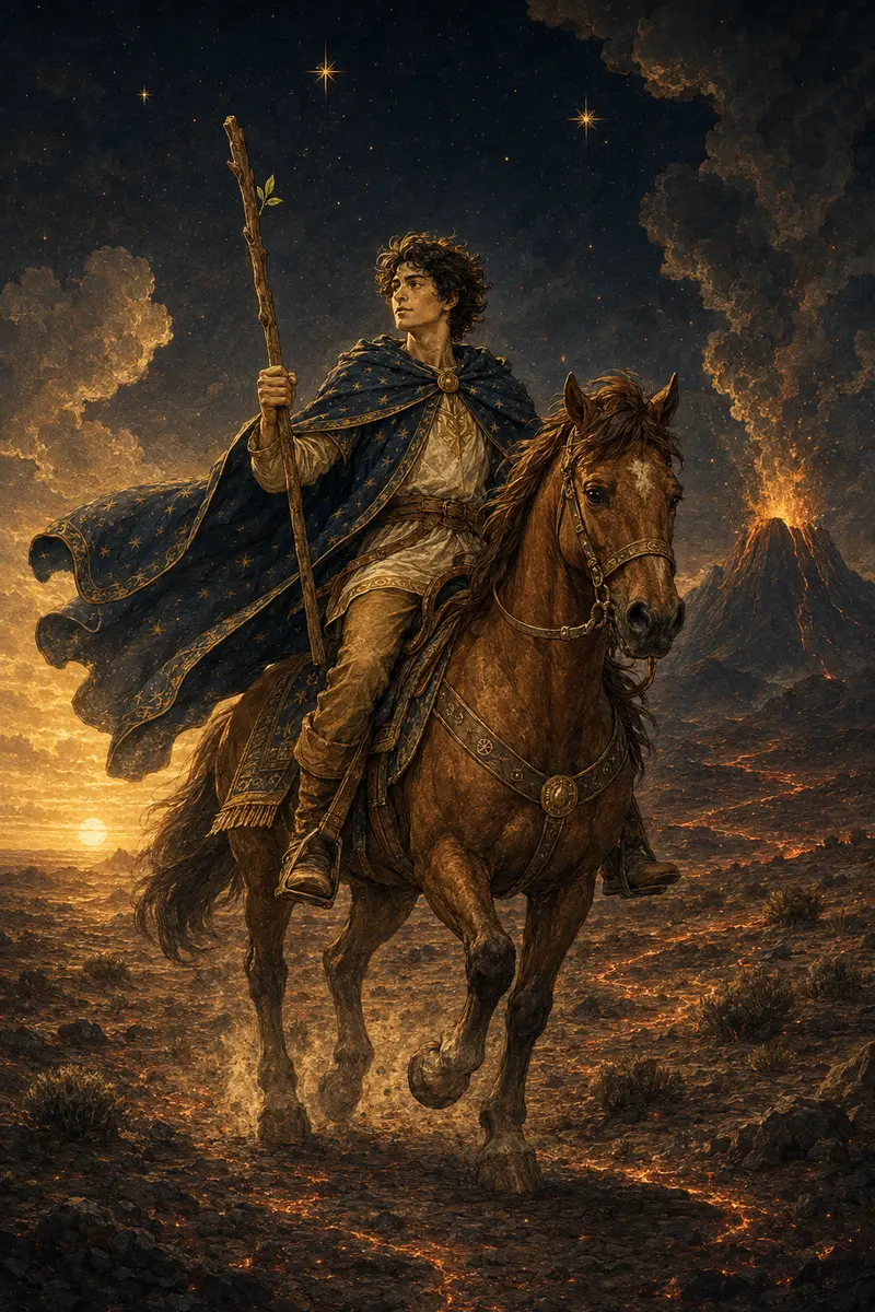 Een ruiter trekt met één bloeiende staf door een goud verlicht vulkaanlandschap.