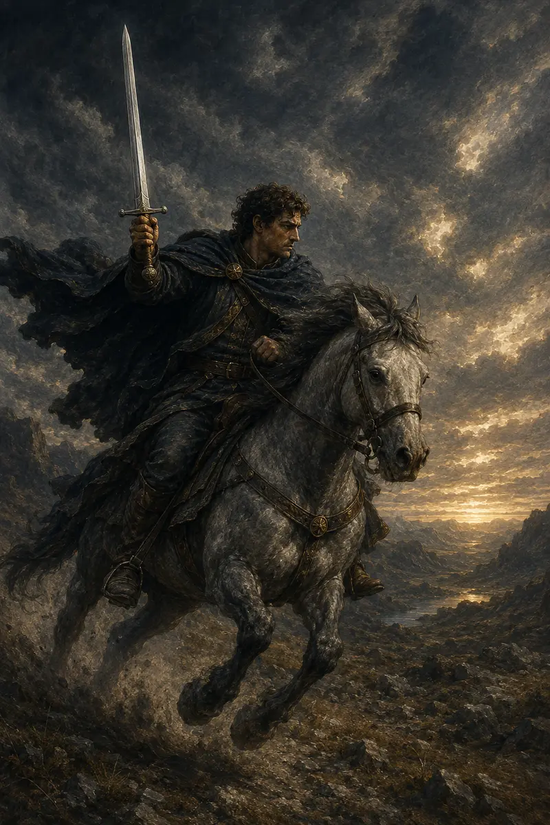 Een geharnaste ridder stormt met geheven zwaard vooruit op een wit paard onder jagende wolken en gebogen bomen.