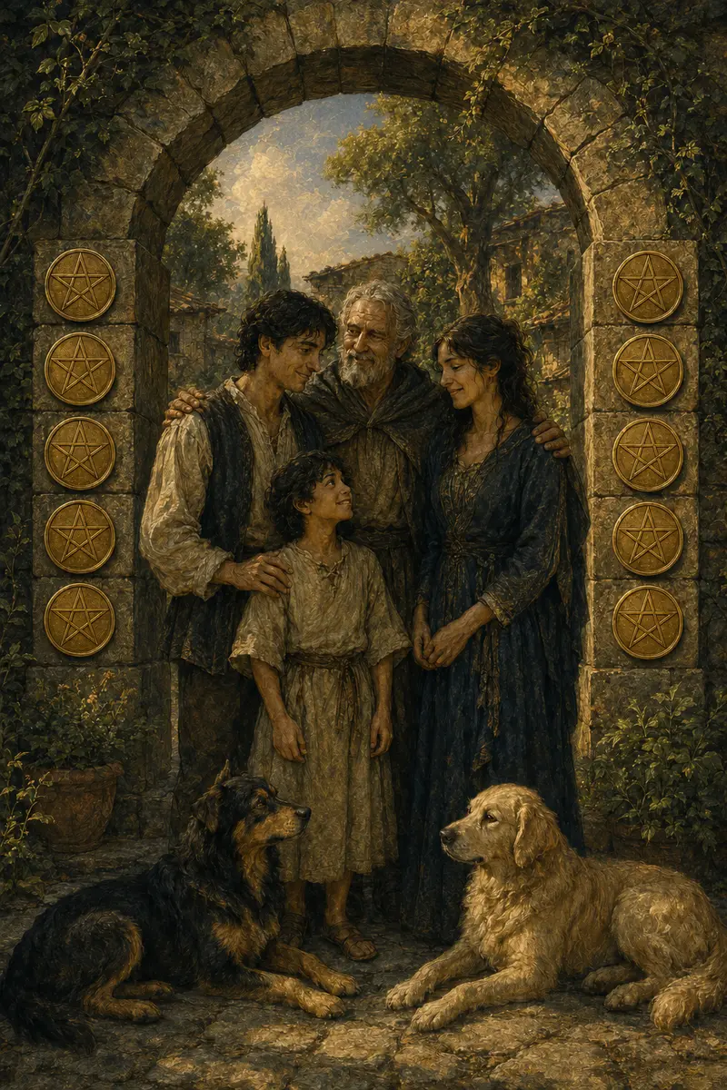 Drie generaties en twee honden ontmoeten elkaar onder een stenen boog, omringd door tien pentakels en familietekens.