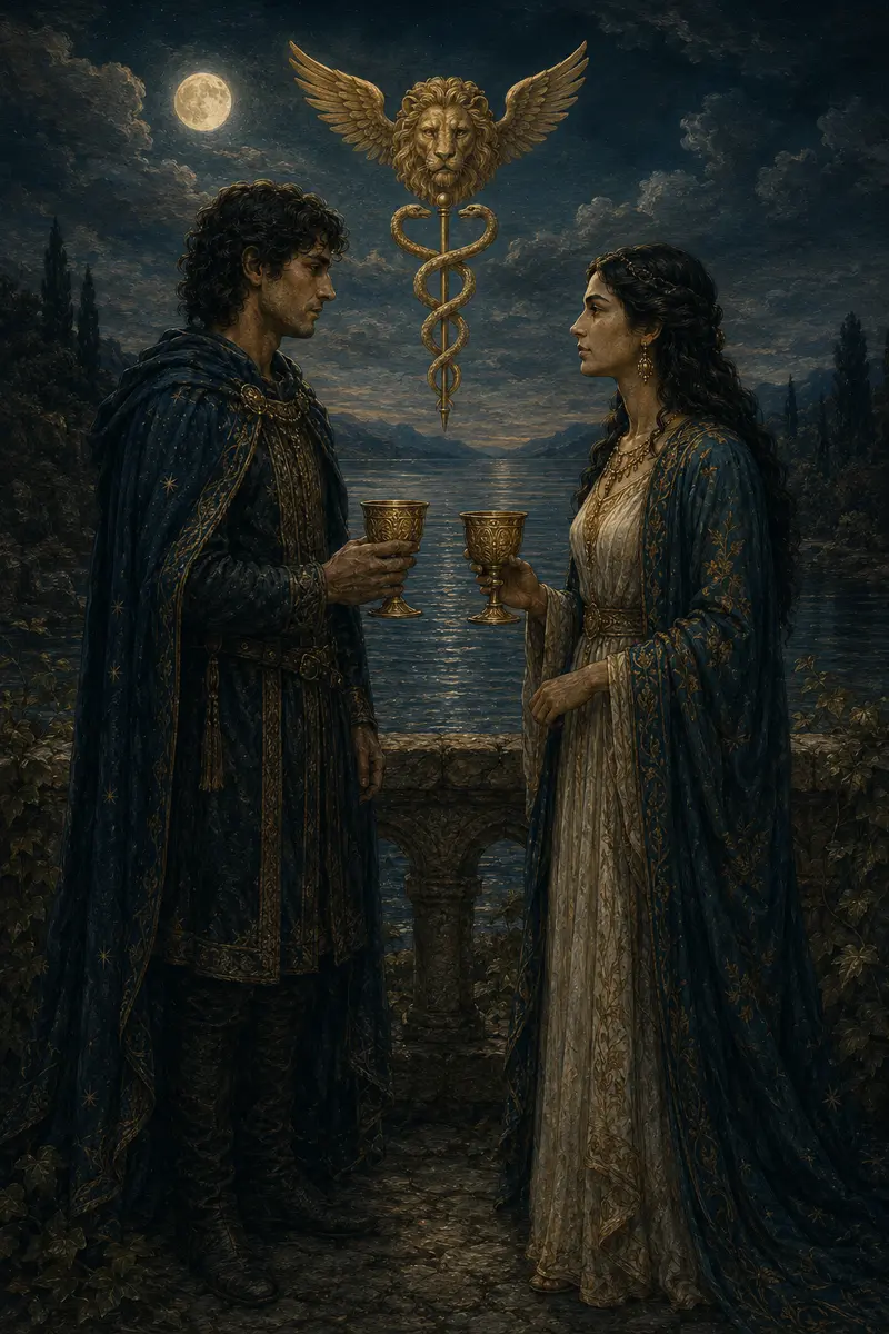 Twee mensen heffen ieder een beker naar elkaar onder een gevleugelde leeuw en een caduceus.