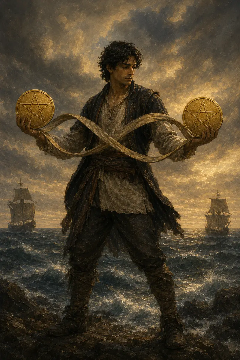 Een figuur houdt twee gouden pentakels in een oneindige lus terwijl achter hem schepen over hoge golven varen.