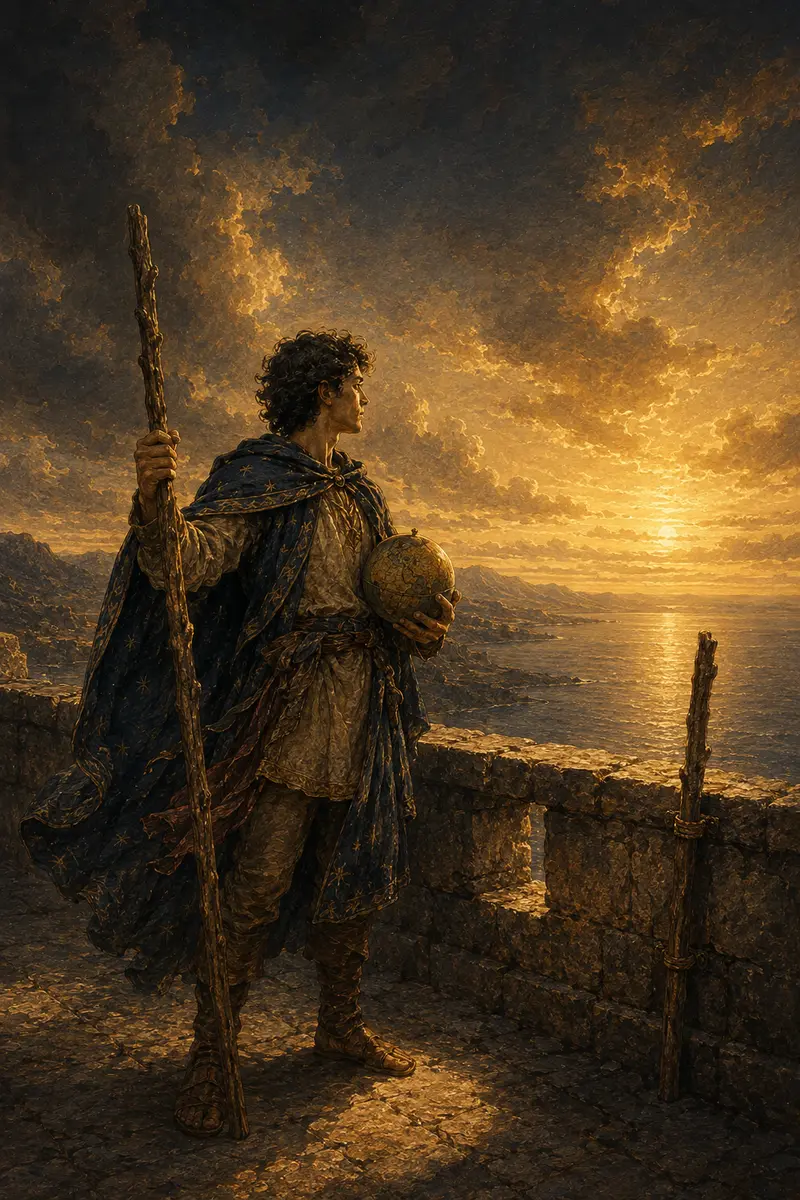 Een figuur tussen twee staven houdt een kleine wereldbol vast en kijkt vanaf een kantelenmuur over zee.