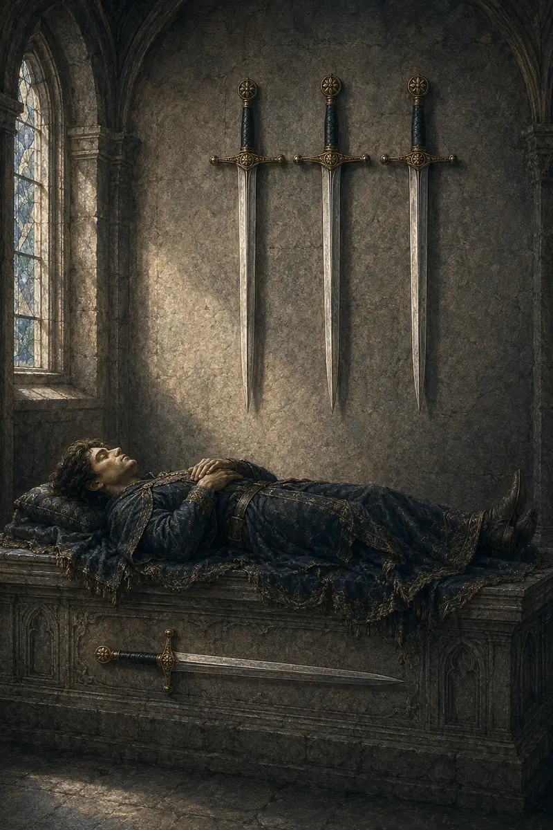 Een rustende ridder ligt in een stille kapel met drie zwaarden aan de muur en één zwaard onder hem.