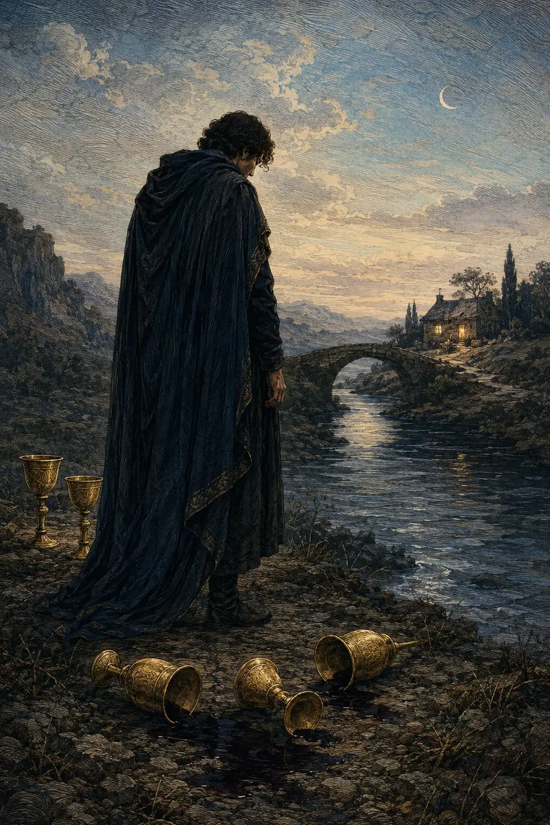 Een gehulde figuur bij drie omgevallen en twee rechtopstaande bekers aan een rivier.