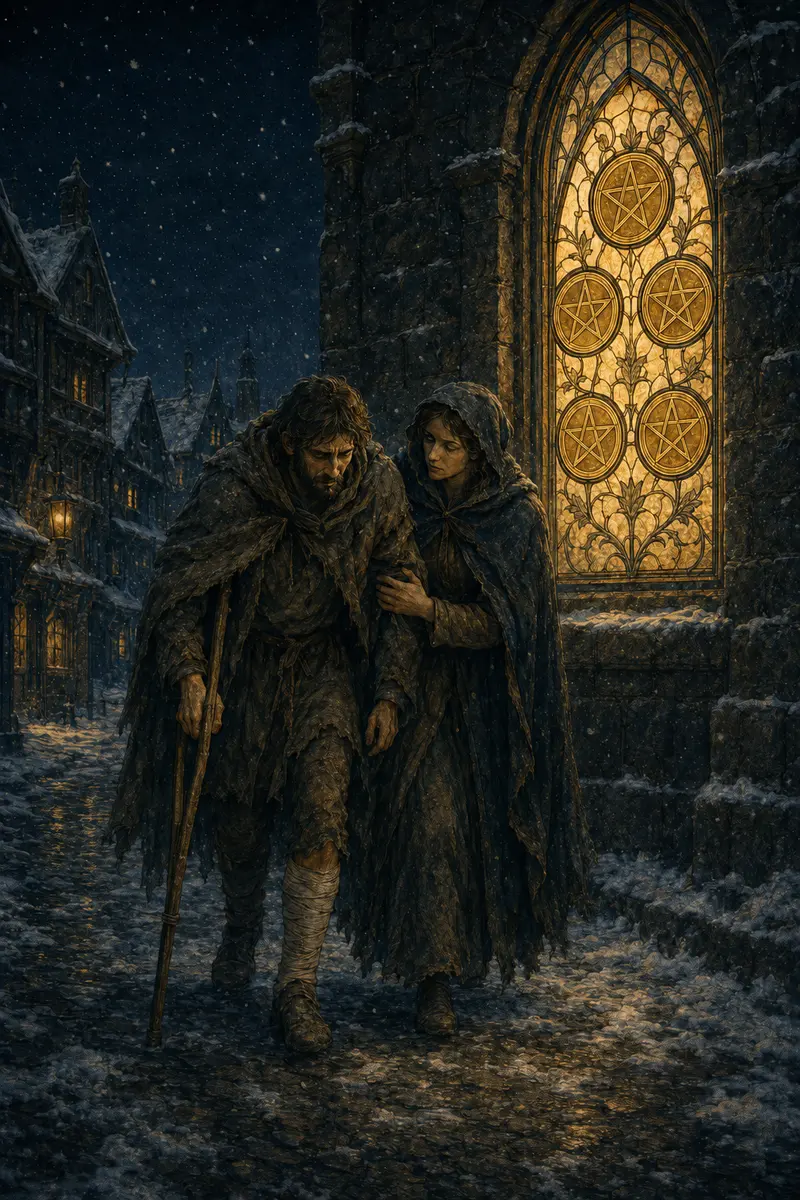 Twee reizigers in winterkou lopen langs een warm verlicht raam met vijf pentakels.