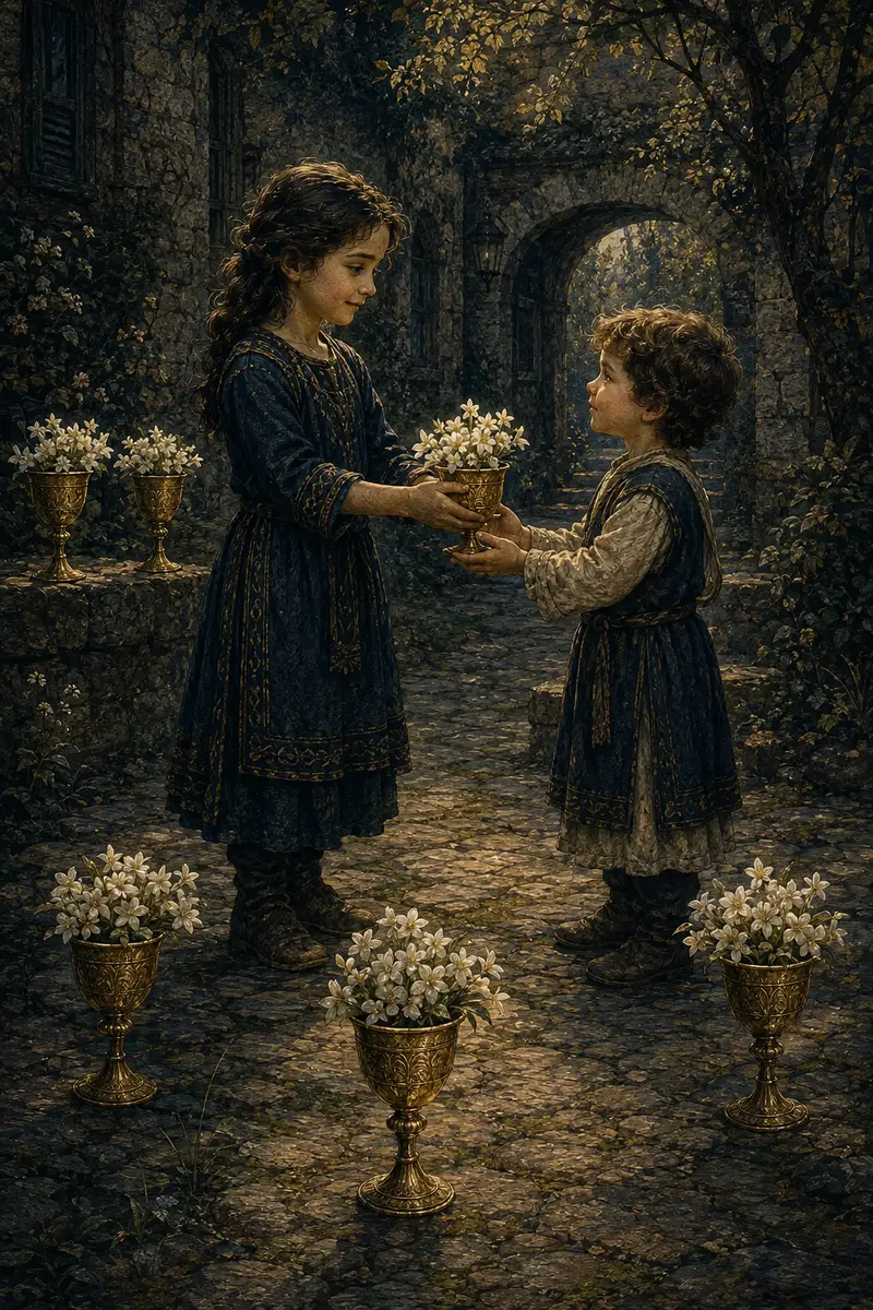 Een kind reikt een met witte bloemen gevulde beker aan een ander kind op een beschutte binnenplaats.