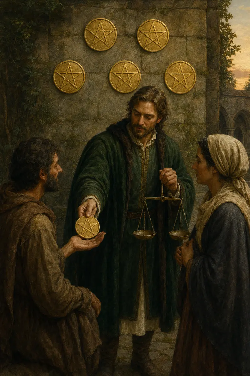 Een figuur houdt een balans en reikt een pentakel aan een ander, met vijf pentakels aan de muur en een derde persoon ernaast.