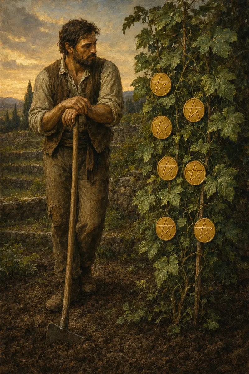 Een tuinier leunt op zijn werktuig en bekijkt zeven pentakels die aan een zware, groene wijnrank groeien.