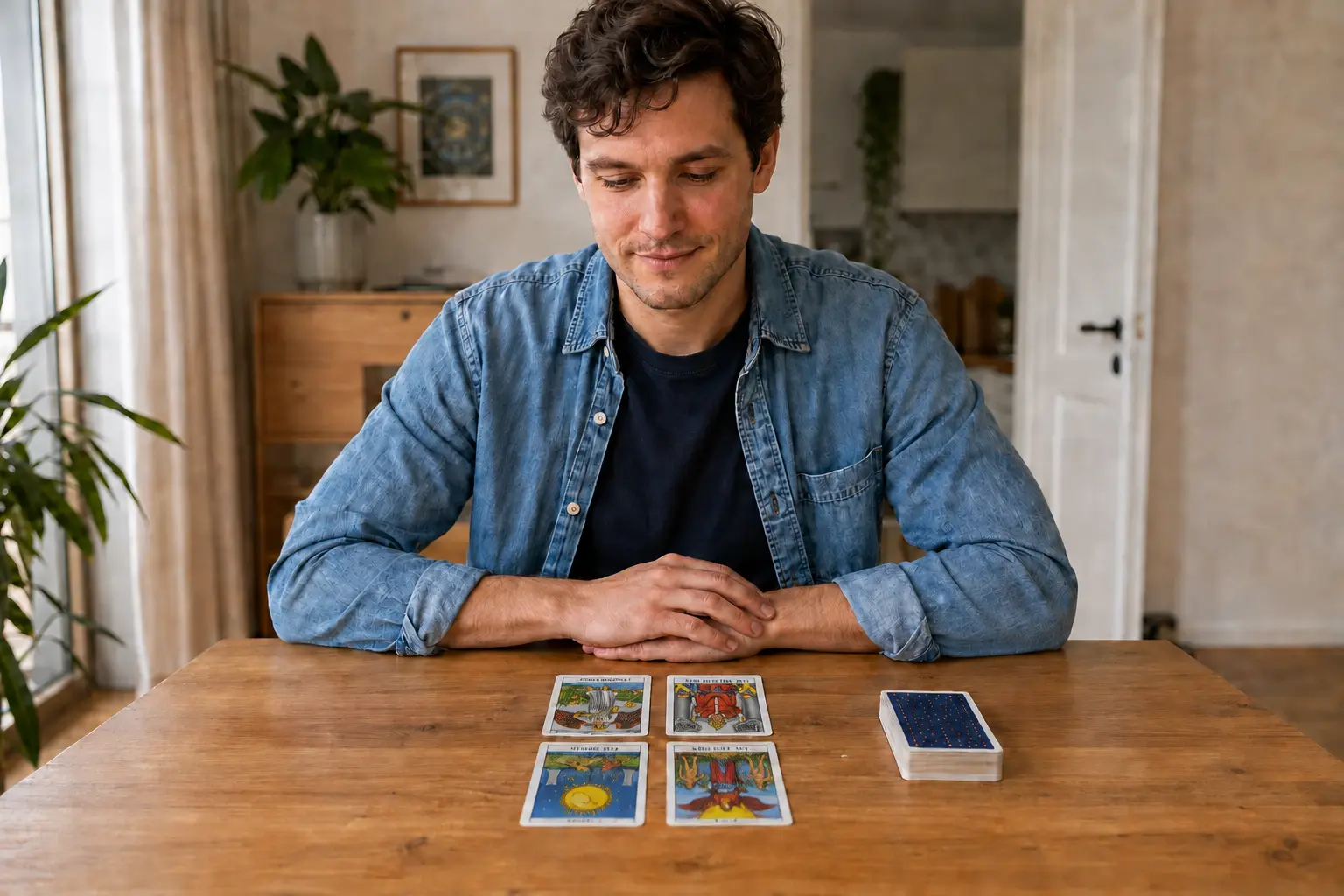 Een jonge man bekijkt thuis rustig vier tarotkaarten die naar hem toe liggen