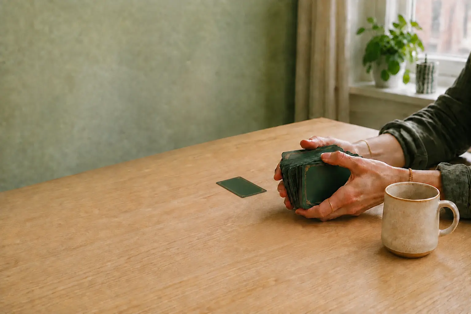 Handen houden een tarotdeck vast naast een losse kaart en koffiekop aan een moderne tafel
