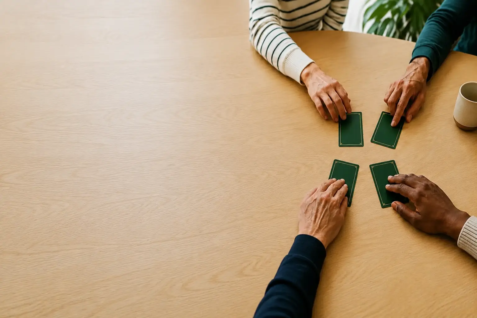 Vier verschillende volwassen handen leggen ieder een tarotkaart rond dezelfde moderne tafel