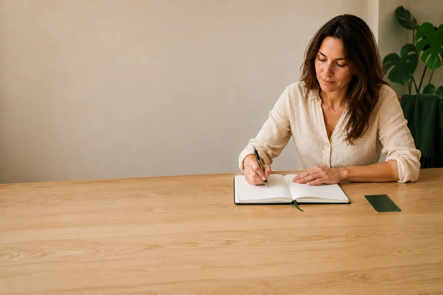 Een vrouw schrijft een open vraag in een notitieboek naast een gesloten tarotkaart