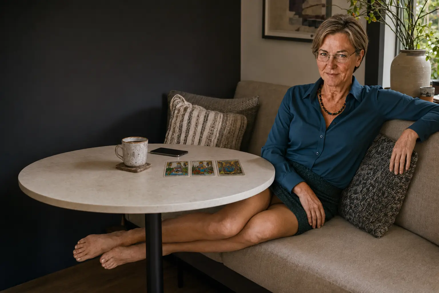 Een vrouw met een korte verzorgde coupe en bril zit ontspannen in een eethoek, met tarotkaarten op tafel