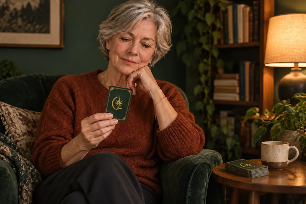 Een vrouw met grijs haar bekijkt bij lamplicht een tarotkaart in haar fauteuil