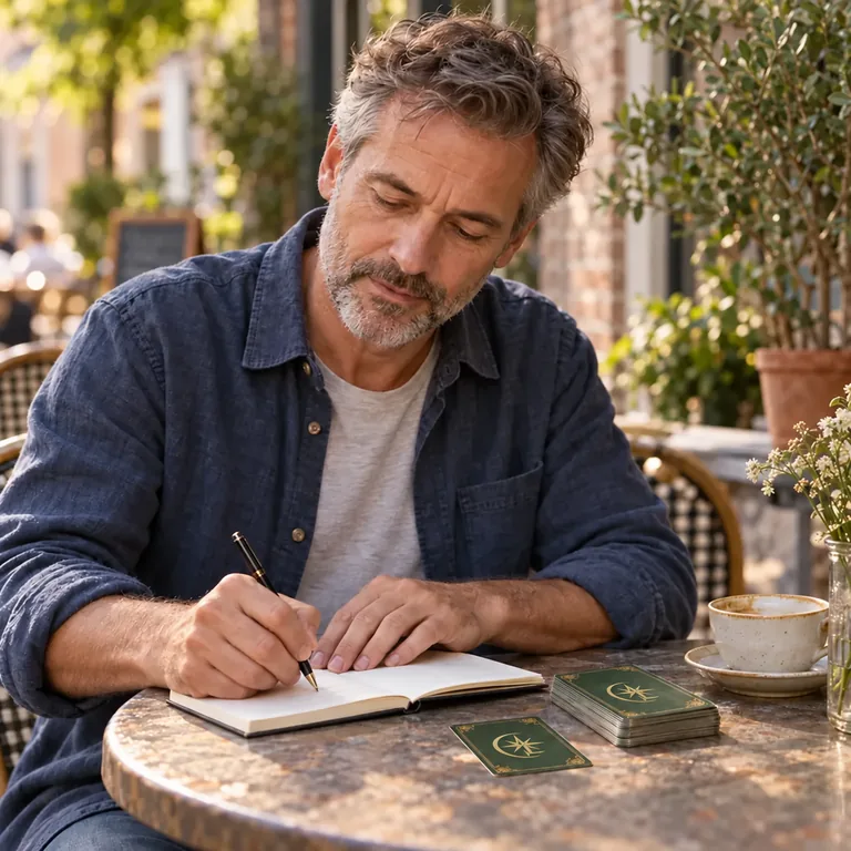 Een man schrijft op een terras in een notitieboek naast een tarotkaart en een deck