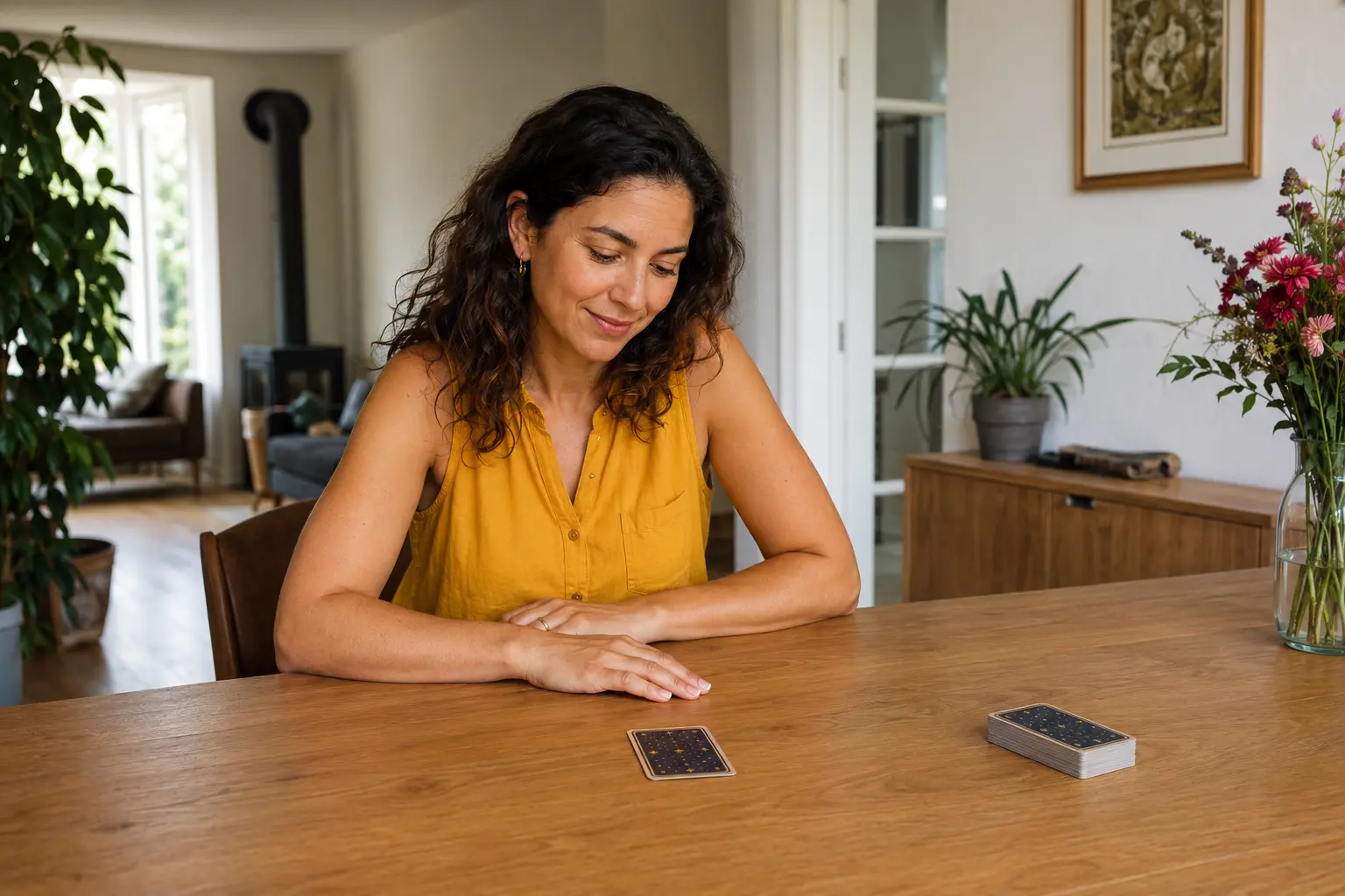 Een vrouw kijkt naar één gesloten tarotkaart voor zich, met de stapel iets verderop