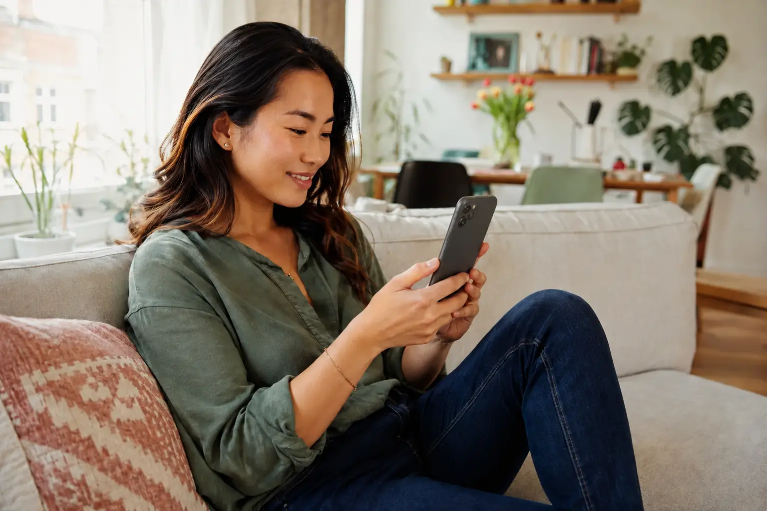 Jonge vrouw die thuis op de bank tarotkaartbetekenissen op haar mobiel bekijkt
