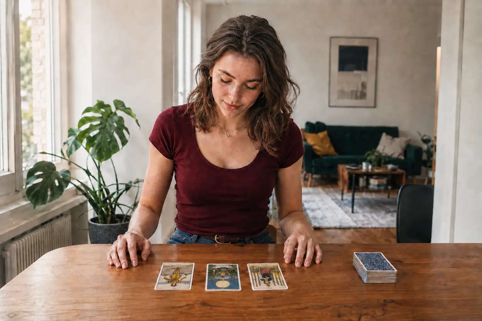 Een jonge vrouw bekijkt thuis drie tarotkaarten die naar haar toe zijn gedraaid