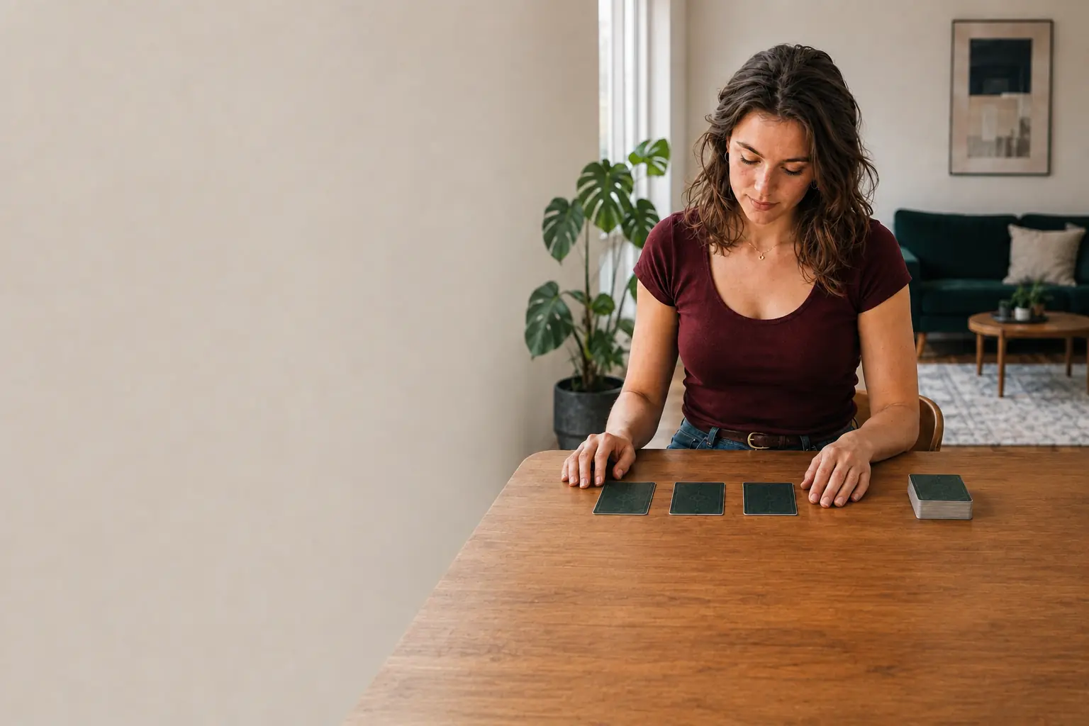 Een vrouw leest drie tarotkaarten als één samenhangende legging